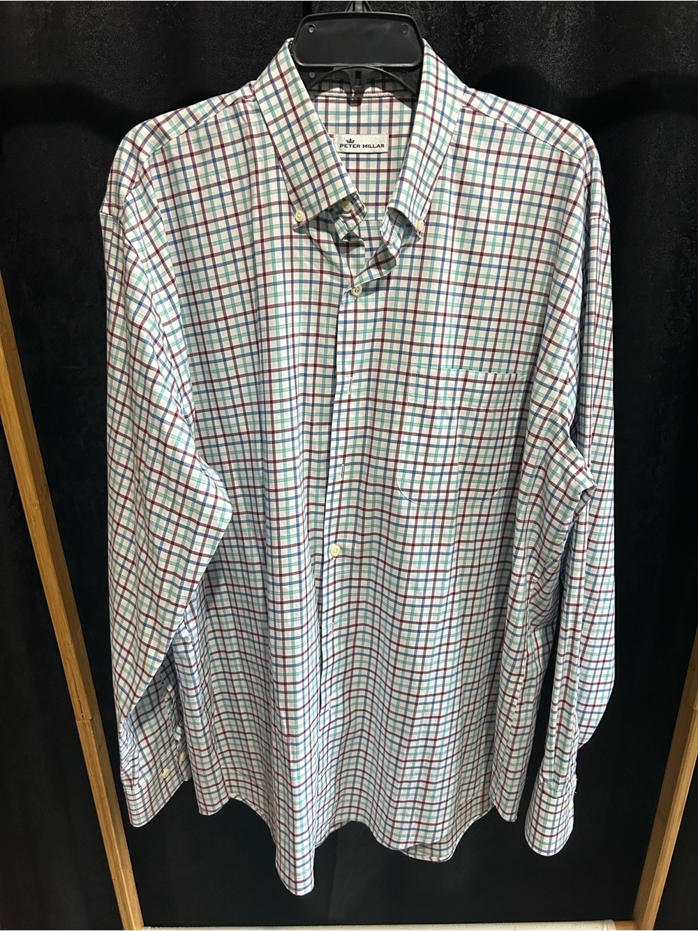 Peter Millar White Button-Down Shirt with Blue and Green Plaid